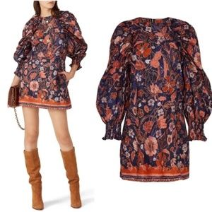 Ulla Johnson Devya Dress size 6 midnight floral blue EUC orange puff sleeve navy
